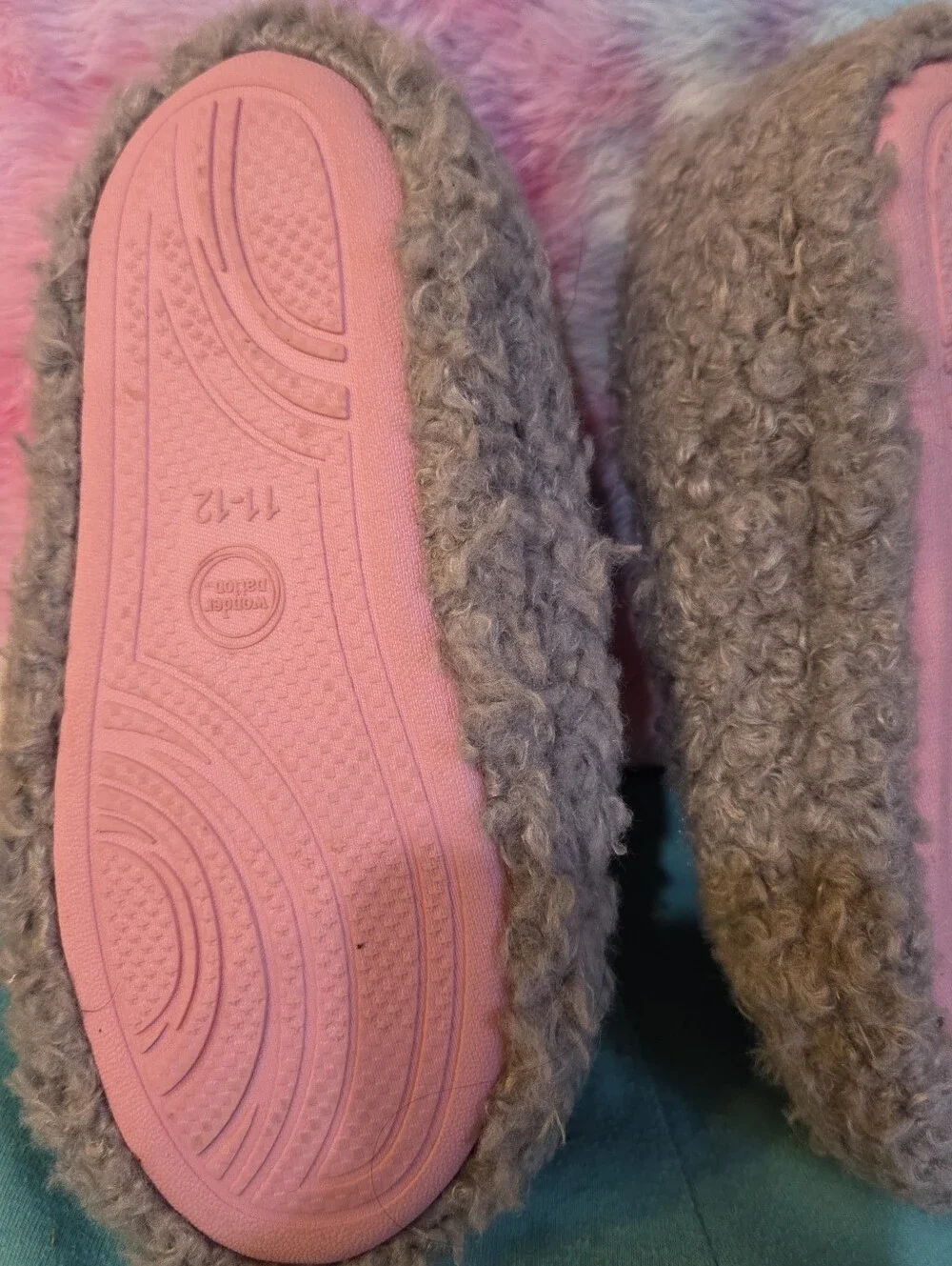 🦦5/$10🦦Wonder Nation Gray Sherpa Heart Slippers Girls Size 11-12 Pink Faux Fur